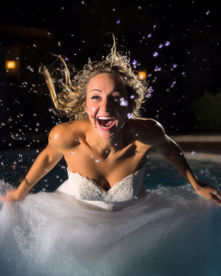 A woman in a wedding dress laughs joyfully as she splashes in a pool at night.