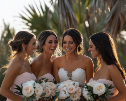 Four women in bridesmaid dresses stand together holding bouquets and smiling in an outdoor setting with palm trees.