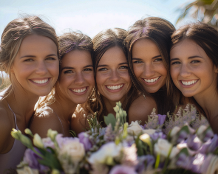 Five smiling women holding bouquets of flowers, outdoors in bright sunlight.