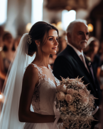 Bride in a white lace gown holds a bouquet, standing beside an older man in a suit, likely during a wedding ceremony.