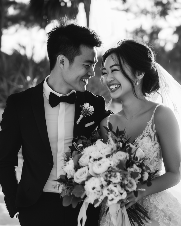 Bride and groom smiling at each other holding a bouquet, outdoors on a sunny day.