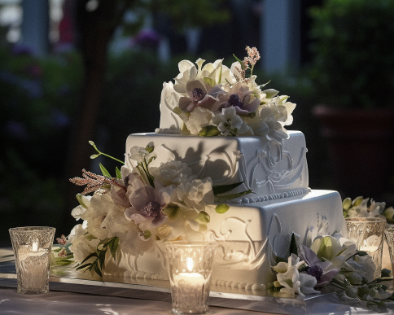 Two-tiered white wedding cake adorned with white and light purple flowers, surrounded by lit candles on a table outdoors.