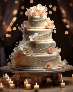 Tiered wedding cake adorned with white and peach flowers, surrounded by lit candles on a decorative stand, with soft lighting in the background.