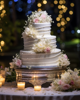 Three-tier white wedding cake adorned with pink and white flowers on a silver stand surrounded by candles and floral arrangements, with blurred lights in the background.