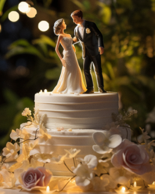 Wedding cake with a bride and groom topper, decorated with white roses and flowers, illuminated by candlelight.