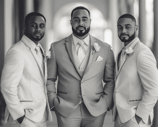 Three men in suits stand close together, posing formally in a corridor. They wear boutonnieres, suggesting a formal event like a wedding.