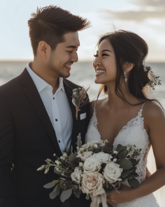 A couple in wedding attire smiles at each other on a beach. The bride holds a bouquet of white flowers and greenery.