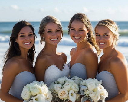 Four women in strapless dresses hold white flower bouquets on a beach.