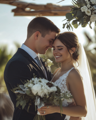 Bride and groom smiling and embracing under a floral arch, with a bouquet of flowers.