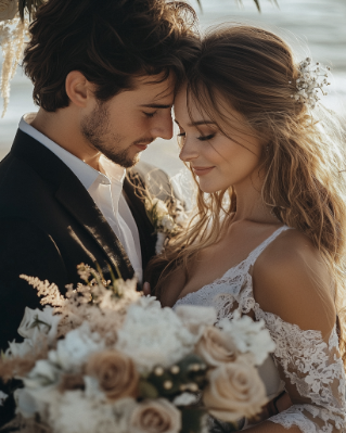 Bride and groom embracing, touching foreheads, holding a bouquet of white and blush flowers, with a soft, sunlit background.