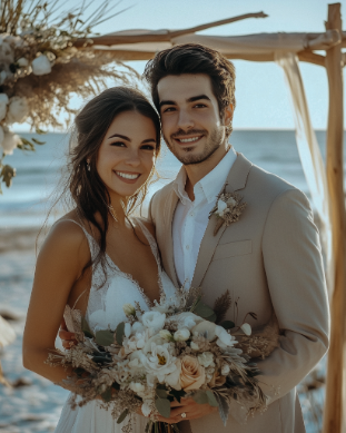 A couple in wedding attire stands smiling under a beachside floral arch, holding a bouquet. The background shows the ocean and sandy shore.