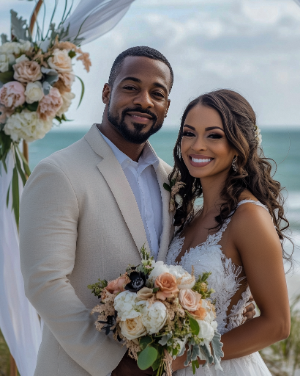 A couple in wedding attire smiles while holding a bouquet; they stand in front of floral decorations with the ocean in the background.