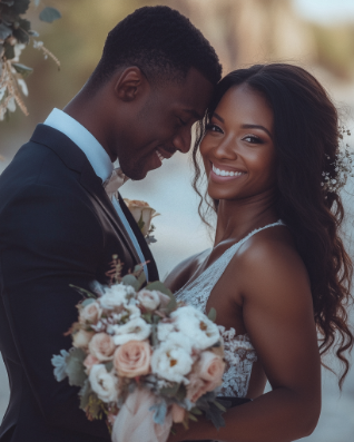 Bride holding a bouquet, smiling while standing close to the groom in a suit outdoors.