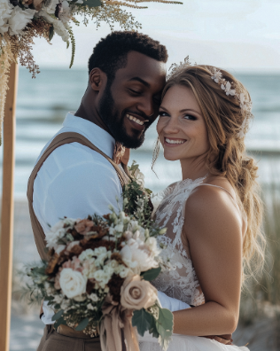 Bride and groom smiling under a floral arch on a beach. She holds a bouquet, and both are dressed formally.