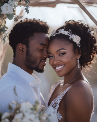 A bride and groom smile while embracing outdoors under a wooden arch adorned with flowers.