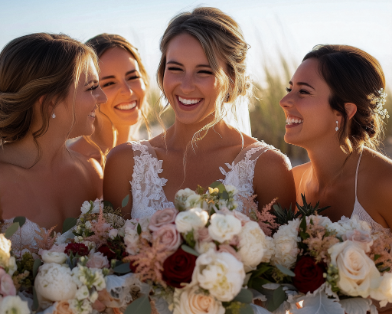 Four women in wedding attire smiling and holding bouquets, with a sunny outdoor background.