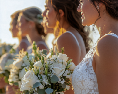 Bridesmaids in lace dresses hold white rose bouquets, standing in a row, with soft lighting highlighting their profiles.