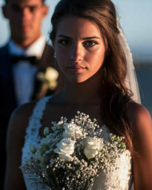 Bride holding a bouquet of white flowers, with a groom in the background. Both are dressed in formal wedding attire.