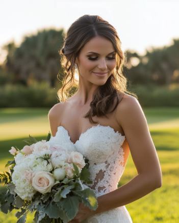 Woman in a strapless wedding dress holding a bouquet of white and pale pink flowers, standing outdoors on grass with trees in the background.