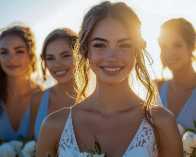 A bride and three bridesmaids stand outdoors in sunlight, holding bouquets. They are smiling, with the bride in the foreground wearing a white dress and the bridesmaids in light blue dresses.