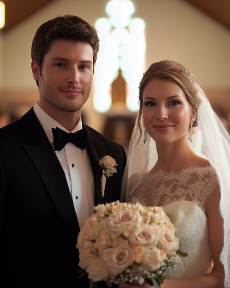 A bride and groom pose together at a wedding. The bride holds a bouquet of roses, and both are dressed formally.