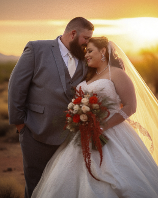 A couple in wedding attire poses outdoors at sunset. The groom wears a gray suit, and the bride holds a bouquet with red and white flowers, wearing a white gown and veil.