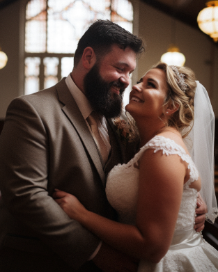 A couple in wedding attire embraces inside a warmly lit venue, smiling at each other.