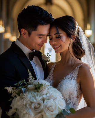 A bride and groom embrace, smiling, under soft lighting. The bride holds a bouquet of white flowers; both are elegantly dressed for a wedding.