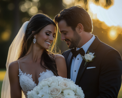 A bride and groom stand closely together, smiling, with the bride holding a bouquet of white roses. They are outdoors, with soft sunlight in the background.