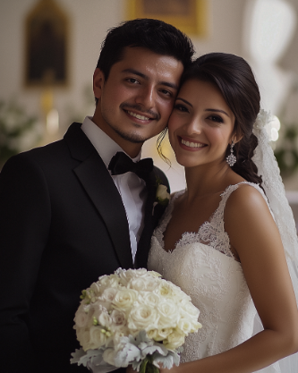 A bride and groom smile while posing for a photo. The bride is holding a bouquet of white roses and is wearing a lace wedding dress. The groom is in a black suit with a bow tie.