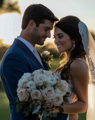 Bride and groom smiling at each other, holding a bouquet of flowers, outdoors during sunset.