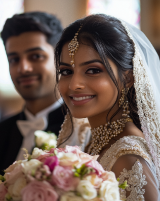 Bride wearing a white dress and veil, holding a bouquet, smiles at the camera. A groom in a dark suit stands beside her.