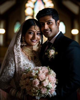 Bride and groom in ornate attire pose with a floral bouquet in a dimly lit setting.