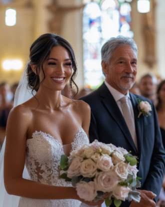 Bride in a lace gown holding a bouquet walks down the aisle with an older man in a suit, likely during a wedding ceremony.