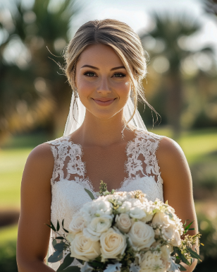 Bride in a lace wedding dress holding a bouquet of white roses, standing outdoors with blurred greenery in the background.