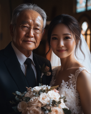 An older man in a suit and a young woman in a wedding dress stand together, smiling indoors, with the woman holding a bouquet of white roses.