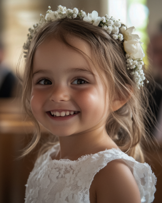 A young girl with brown hair smiles, wearing a white dress and a floral headband, in a softly lit indoor setting.