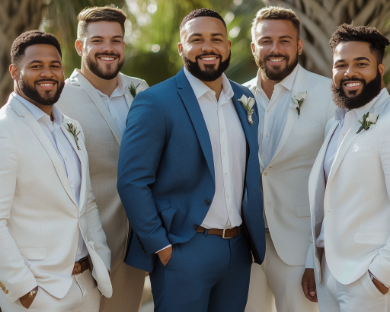 Five men in suits, with the central figure in blue, standing outdoors, all smiling.