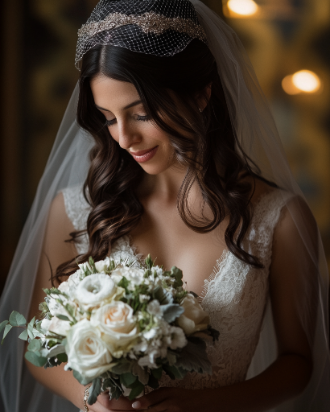 Bride in a lace wedding dress holding a bouquet of white flowers, looking down and smiling softly.