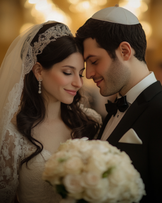 Bride and groom in a tender moment, wearing traditional wedding attire. She holds a bouquet; both have eyes closed and gentle smiles.