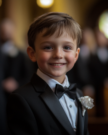 Smiling young boy in a black tuxedo with a bow tie and white boutonniere, standing indoors.