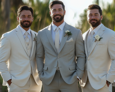 Three men in light suits with boutonnières, standing outdoors, smiling and posing for a photo.