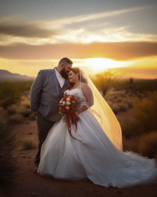 Bride and groom stand together in a desert landscape at sunset. The bride holds a bouquet and wears a flowing white dress, while the groom is dressed in a gray suit.