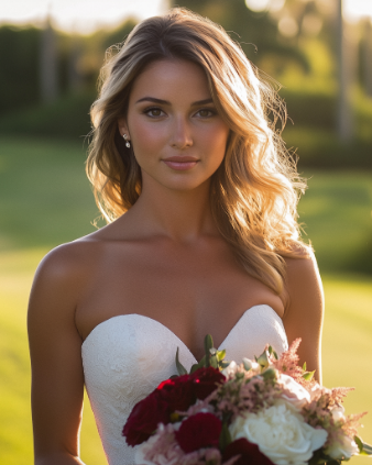 A woman in a white strapless dress holds a bouquet of red and pink flowers while standing outside.