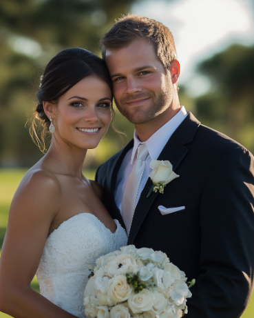 Bride in a white dress and groom in a black suit with a white rose boutonniere, standing close together outdoors, holding a bouquet of white flowers.