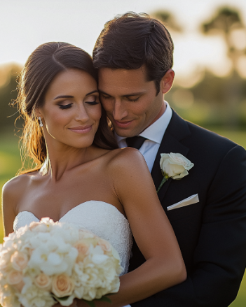 A bride and groom embrace outdoors. The bride holds a bouquet of white and peach flowers, wearing a strapless white gown. The groom wears a dark suit with a white rose boutonniere.