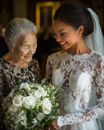 A bride in a lace dress holds a bouquet and smiles at an elderly woman in a patterned dress. Both look at the flowers, sharing a joyful moment indoors.