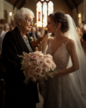 A bride in a lace gown and veil and an elderly woman in black attire stand together in a church, holding a bouquet of roses. Stained glass windows are visible in the background.